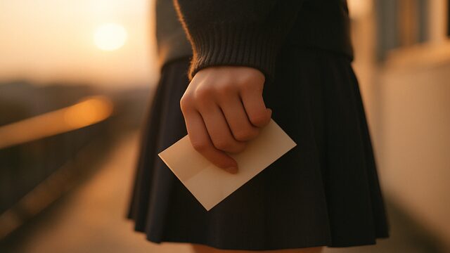 告白の気持ちを込めたメモを強く握りしめる日本人女子の手元を捉えた画像。恋愛未遂と決意をテーマにしたブログ挿入画像。
