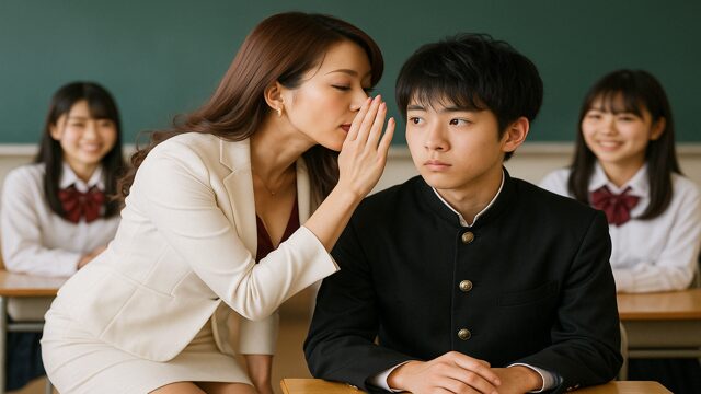 日本の中学校の美術室で、若い女性教師が生徒たちに囲まれているシーン。恋愛未遂をテーマにしたブログ記事の挿入画像。
