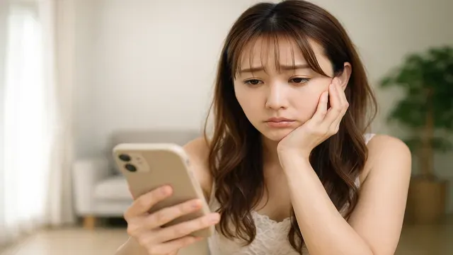 LINE交換直後に下の名前や呼び捨てで呼ばれ、スマホを見ながら困惑する女性のシーン。呼び方に違和感を覚える瞬間を表現