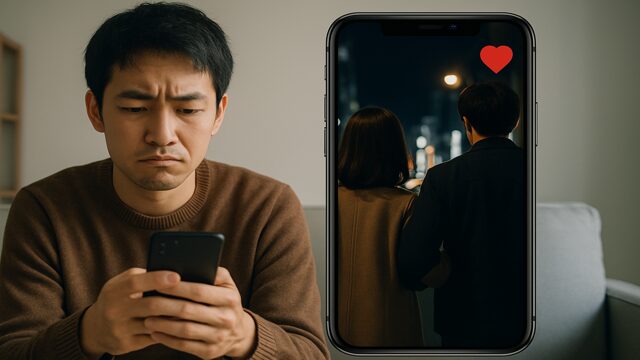 マッチングアプリがうまくいかず、スマホ越しにSNSで楽しそうなカップルの投稿を見て、複雑な表情を浮かべる男性。