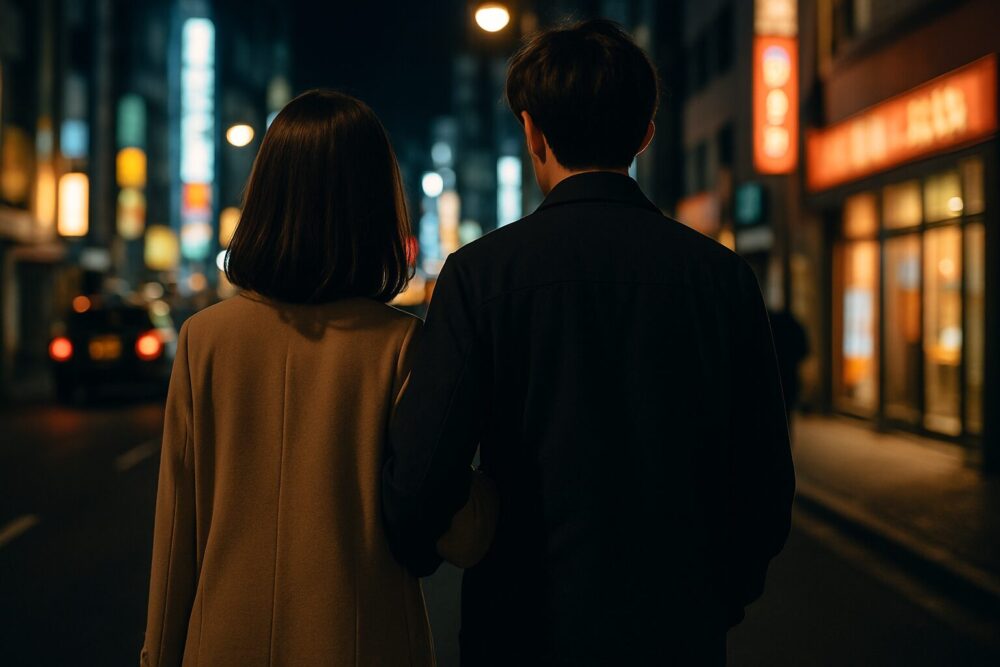 夜のネオン街を腕を組んで歩く男女の後ろ姿。暖かい色の街灯と看板が並ぶ中、二人だけの世界を感じさせるロマンチックな情景。