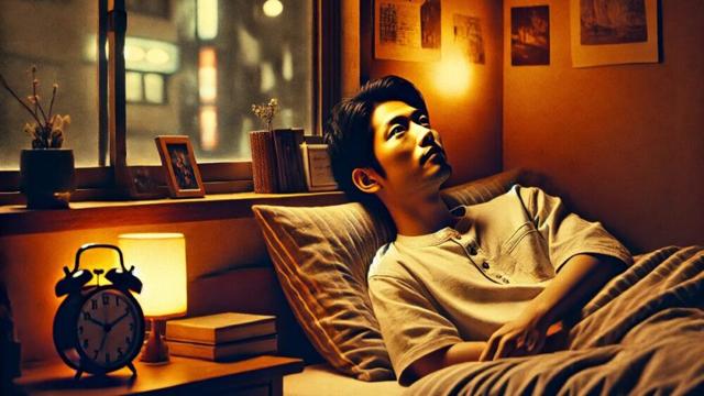 夜の寝室で、ひとり静かに天井を見つめながら思いにふける男性。枕元の灯りが、彼の孤独な心情をやさしく照らしている。