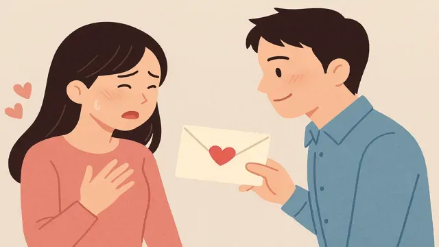 男女が向かい合い、呼び名をラブレターのように大切に受け渡すイラスト。下の名前呼びが嬉しいか不快かを分ける“心の準備”を象徴