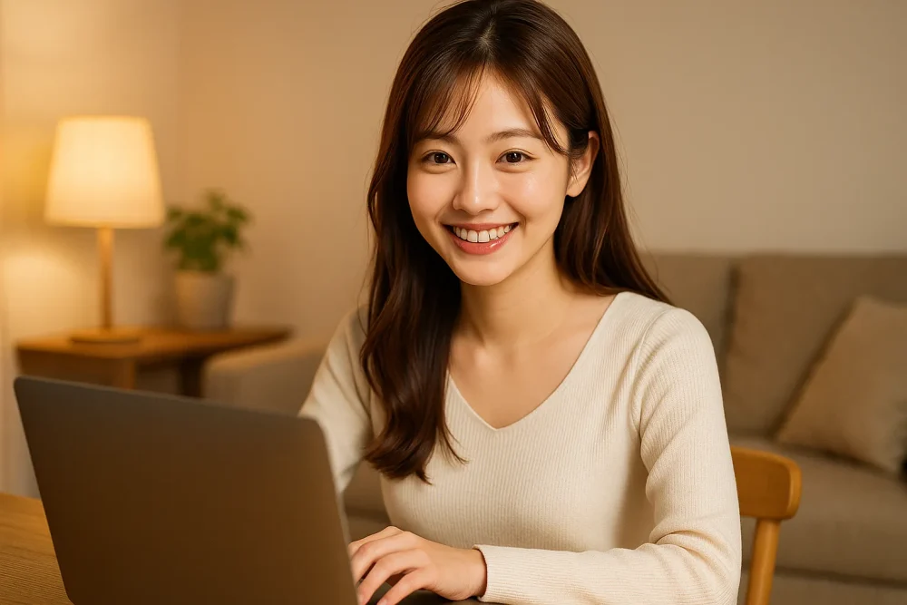 笑顔の女性がノートPCを使っている様子