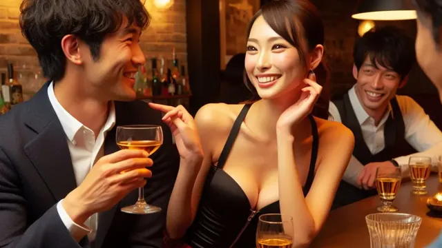 バーで笑顔を見せる美人女性と男性｜美人で面白い女性の色気とツッコミが伝わるシーン（ギャップ女子・恋愛心理）
