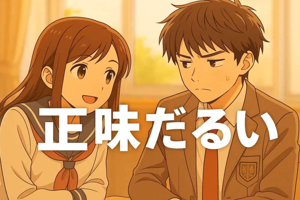 「正味だるい」とつぶやく高校生男子と、それをからかう女子のアニメ風イラスト。