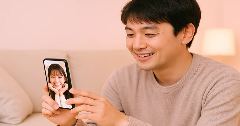 スマホ越しに天然女子と笑顔でチャットする日本人男性。暖かな部屋でリラックスした恋愛トークを楽しむ様子。