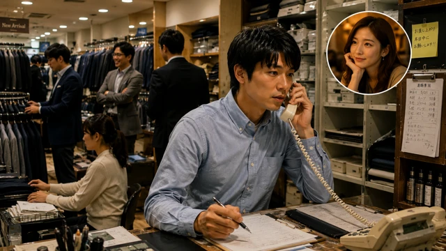 店のバックヤードで固定電話を受ける若い男性販売員。人気キャバ嬢から職場へ電話がかかってきた実話をイメージしたシーン。