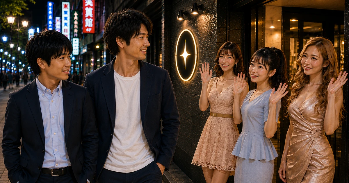 キャバ嬢との忘れられない夜を描いた実話イメージ。夜の街でキャストたちに見送られる若い男性たちの姿を通して、営業か本気か分からない恋心を表現したシーン。