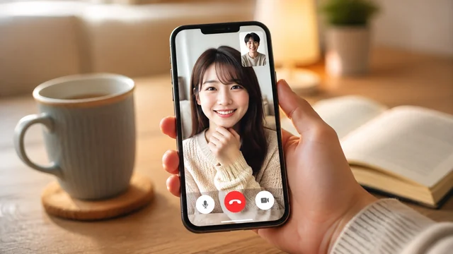 オンライン通話で、スマートフォン越しに女性との会話を楽しむ男性の様子