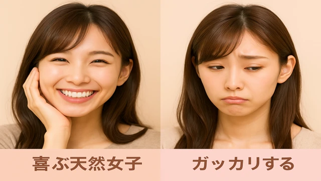 喜ぶ天然女子とガッカリする天然女子を対比したイメージ。恋愛での上手な付き合い方とNG対応を表す視覚イラスト。