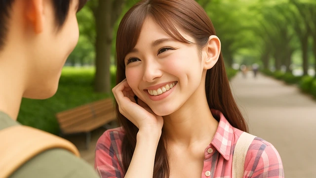 並木道で好きな人を見つめて微笑む天然女子。柔らかな光の中で恋の瞬間を感じるナチュラルな表情。