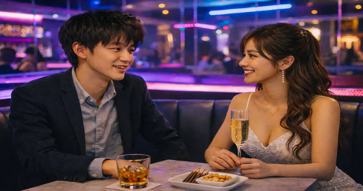 キャバクラのボックス席で会話を楽しむ20代前半の男性とキャスト。営業か本気か、その境界線で揺れる夜の一幕。