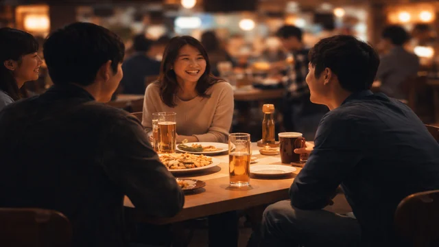 合コンで出会った多趣味な女性と会話が弾む様子。夜の落ち着いた店内で自然に笑い合う男女の雰囲気