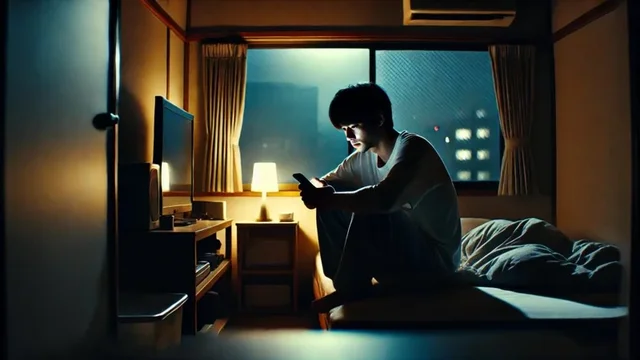 夜の自室でスマートフォンを見つめながら考え込む男性。多趣味な女性の返信を深読みしてしまう様子