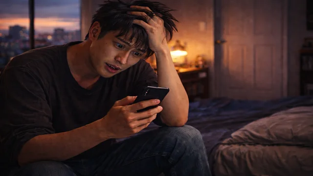 多趣味な女性からの返信を自室で見て動揺する男性。デートの時間に意味づけして落ち込む様子