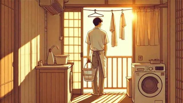 夕方の自室で洗濯物を手に立ち尽くす男性の後ろ姿。恋愛以外に予定がなく時間を持て余している様子