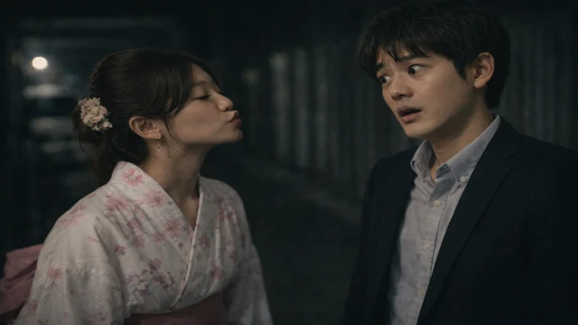 夜の路地の暗がりで、浴衣姿のキャバ嬢が距離を詰める一方、戸惑う表情を浮かべる男性。キスしなかった一瞬が残る実話の場面。