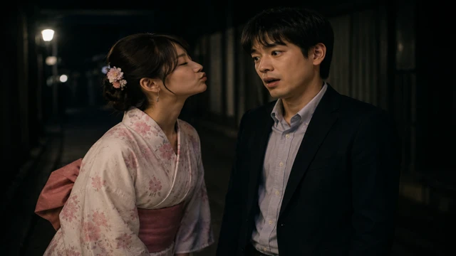 夜の路地で浴衣姿の女性が若い男性へ顔を近づける様子。キャバ嬢との実話で、営業か本気か分からない距離感に戸惑った夜をイメージしたシーン。