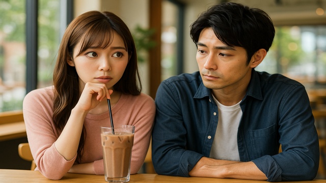 カフェで、まだ付き合っていない男女が微妙な距離感で互いを意識しているシーン