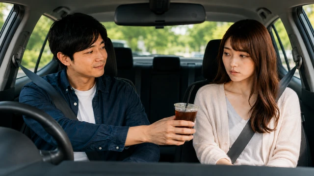 付き合う前の男女が車内で、男性から差し出された飲み物を前に女性が間接キスを意識して戸惑っている様子