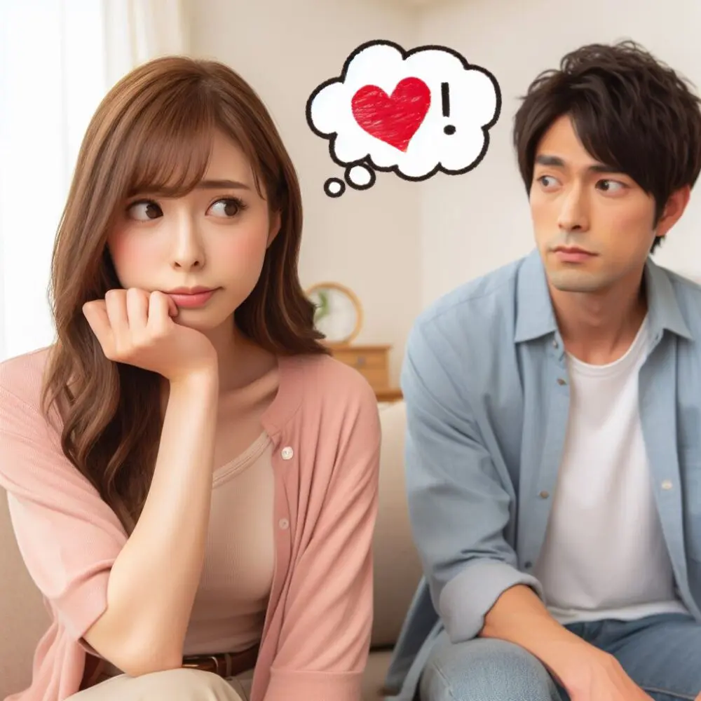 間接キスの意味が分からず胸騒ぎする女性と、横目で見つめる男性のシーン