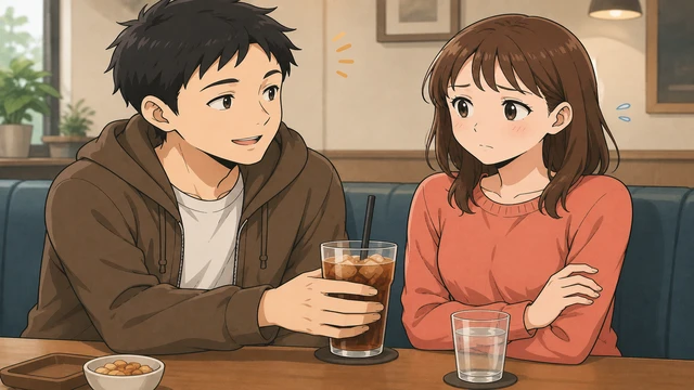 付き合う前の男女。男性がグラスを差し出し、女性が少し戸惑った表情を見せるカフェでの間接キスを意識する場面