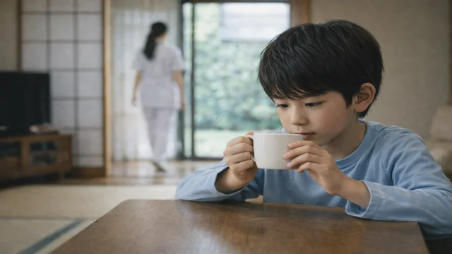 医療従事者の女性が帰ったあと、茶の間でコーヒーカップを見つめながら間接キスを意識してしまう小学生時代の少年