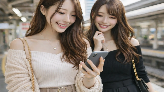 AB型女子が友人と駅のホームでスマホを見ながら微笑むシーン。返信を後回しにしているだけの自然な日常の一コマ