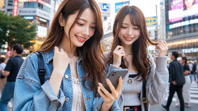AB型女子が街中で友人とスマホのLINEを確認する様子