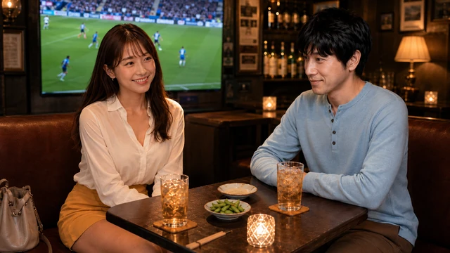 洋風の小洒落た飲み屋で、ミニスカート姿のMちゃんとわくいっちが向かい合って会話を楽しむシーン