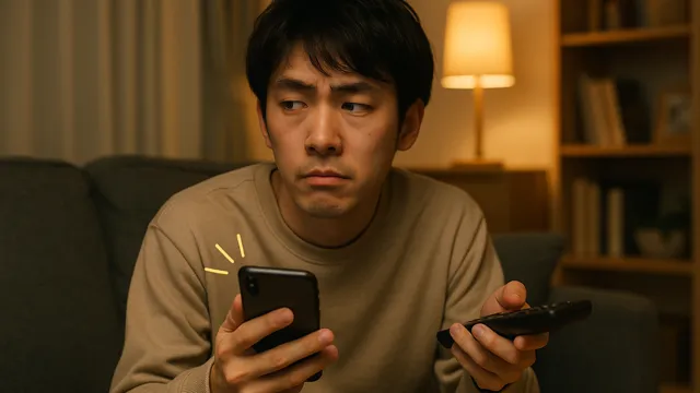 通知音が鳴るスマホを横目でチラッと見るわくいっちをイメージした画像。返信が気になって落ち着かない夜のシーン。