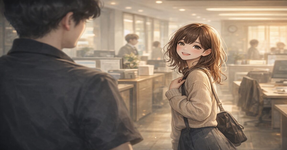 帰り際にすれ違い、顔を見て笑う職場の女性社員のイメージイラスト