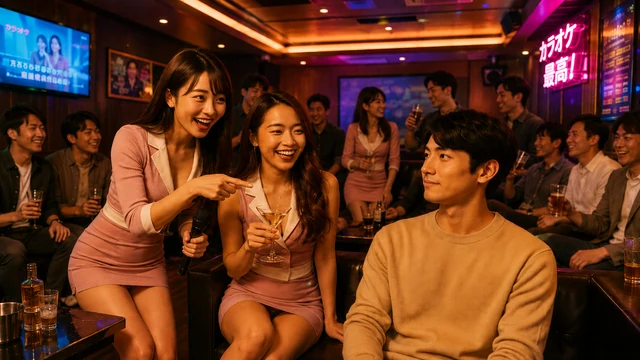 男性グループが集まるカラオケボックスで、ピンクの制服姿のコンパニオン2人が男性の隣へ来て話しかけ、後方でも別のコンパニオンが接客している場面