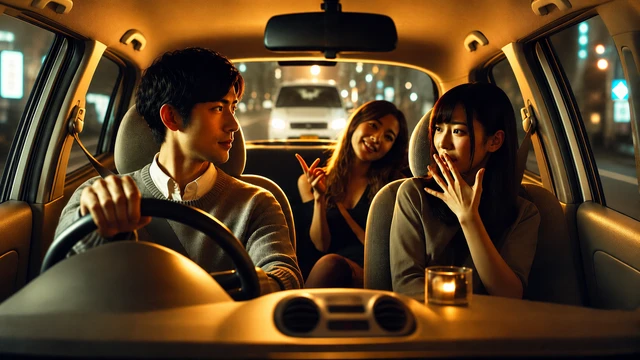 夜の車内で、2人の女性が運転席の男性へ好意的に話しかけている場面