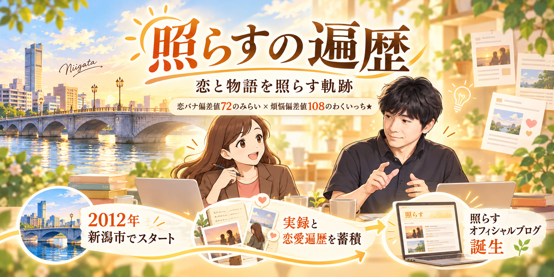 照らすの遍歴。新潟市の萬代橋を背景に、わくいっちとみらいが歩んできた物語を紹介するイラスト